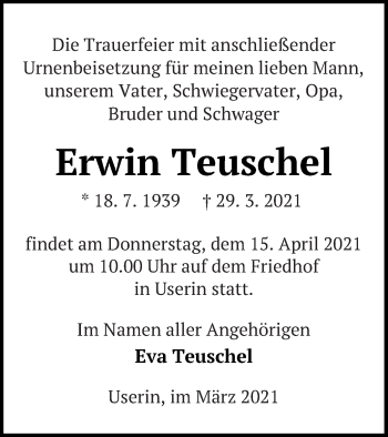 Traueranzeige von Erwin Teuschel von Strelitzer Zeitung