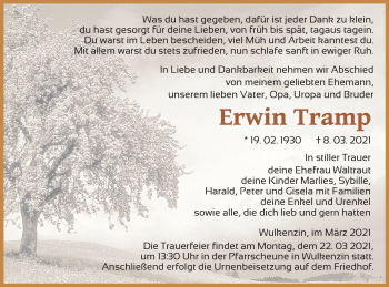 Traueranzeige von Erwin Tramp von Neubrandenburger Zeitung