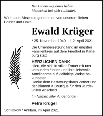 Traueranzeige von Ewlad Krüger von Vorpommern Kurier