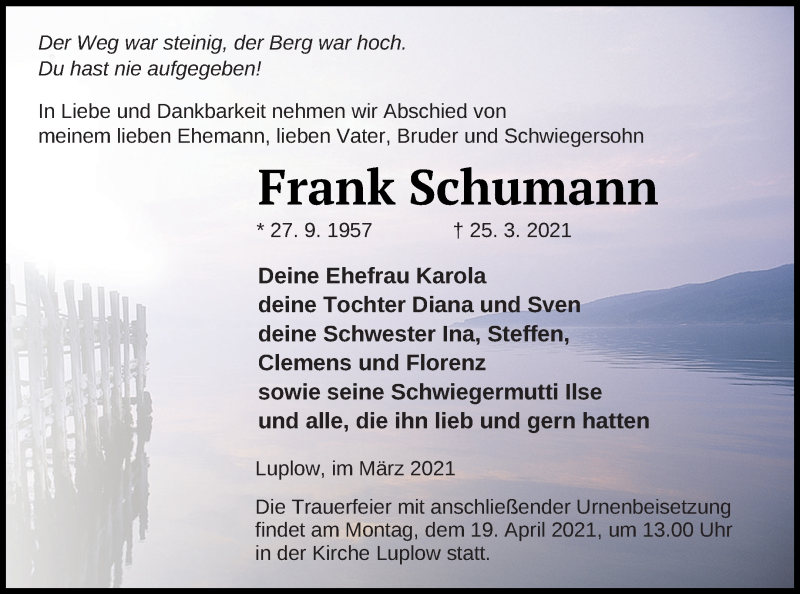  Traueranzeige für Frank Schumann vom 01.04.2021 aus Neubrandenburger Zeitung