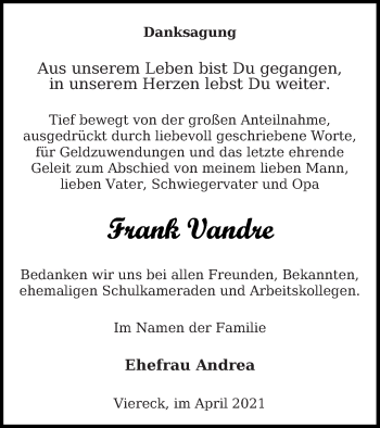 Traueranzeige von Frank Vandre von Pasewalker Zeitung