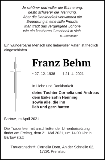 Traueranzeige von Franz Behm von Neubrandenburger Zeitung