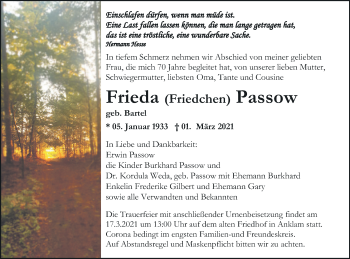 Traueranzeige von Frieda Frieda von Vorpommern Kurier