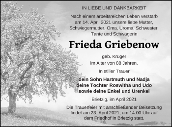 Traueranzeige von Frieda Griebenow von Pasewalker Zeitung