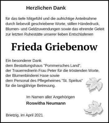 Traueranzeige von Frieda Griebenow von Pasewalker Zeitung