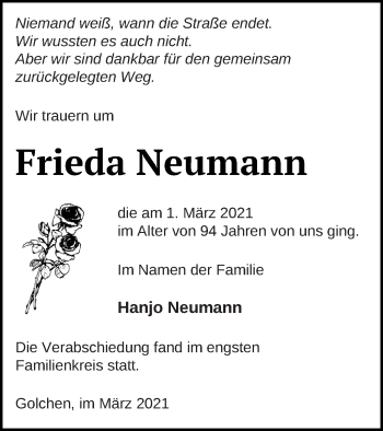 Traueranzeige von Frieda Neumann von Neubrandenburger Zeitung