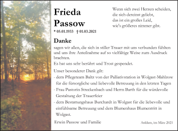 Traueranzeige von Frieda Passow von Vorpommern Kurier