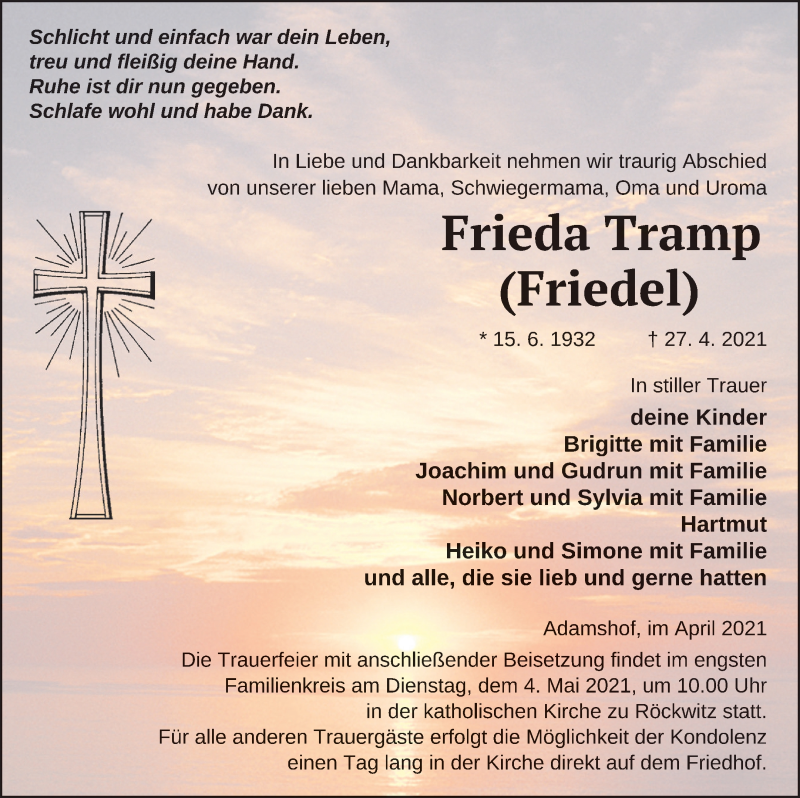  Traueranzeige für Frieda Tramp vom 30.04.2021 aus Neubrandenburger Zeitung