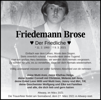 Traueranzeige von Friedemann Brose von Haff-Zeitung