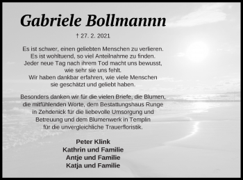 Traueranzeige von Gabriele Bollmannn von Templiner Zeitung
