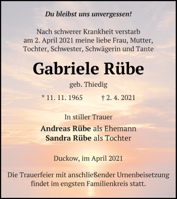 Traueranzeige von Gabriele Rübe von Mecklenburger Schweiz