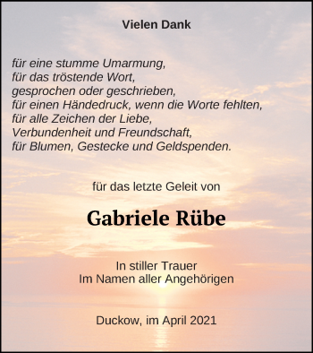 Traueranzeige von Gabriele Rübe von Mecklenburger Schweiz