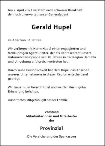 Traueranzeige von Gerald Hupel von Vorpommern Kurier