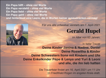 Traueranzeige von Gerald Hupel von Demminer Zeitung