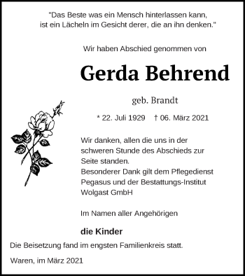 Traueranzeige von Gerda Behrend von Müritz-Zeitung