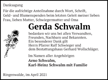 Traueranzeige von Gerda Schwalm von Templiner Zeitung