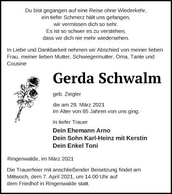 Traueranzeige von Gerda Schwalm von Templiner Zeitung