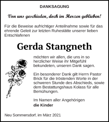 Traueranzeige von Gerda Stangneth von Demminer Zeitung