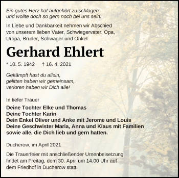 Traueranzeige von Gerhard Ehlert von Haff-Zeitung