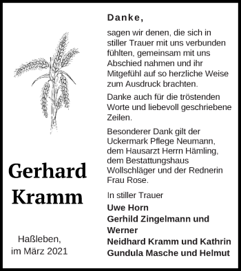 Traueranzeige von Gerhard Kramm von Prenzlauer Zeitung