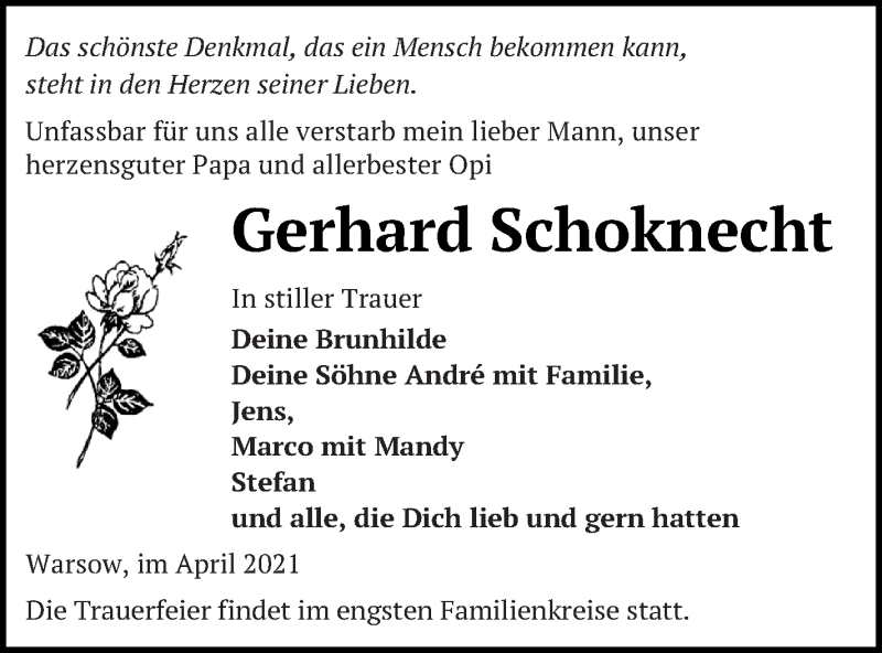  Traueranzeige für Gerhard Schoknecht vom 23.04.2021 aus Mecklenburger Schweiz