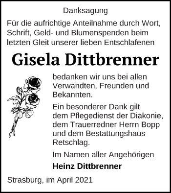 Traueranzeige von Gisela Dittbrenner von Pasewalker Zeitung