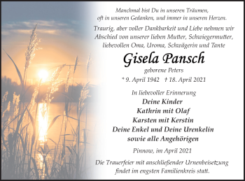 Traueranzeige von Gisela Pansch von Vorpommern Kurier