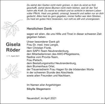 Traueranzeige von Gisela Röder von Müritz-Zeitung