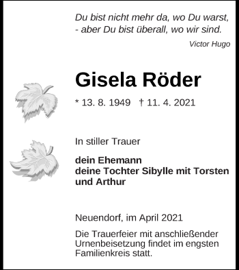 Traueranzeige von Gisela Röder von Neubrandenburger Zeitung