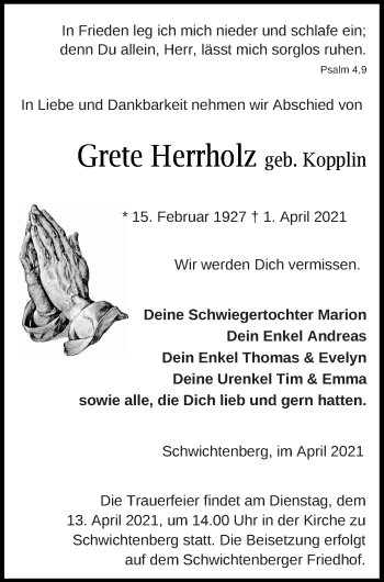 Traueranzeige von Grete Herrholz von Neubrandenburger Zeitung