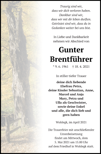 Traueranzeige von Gunter Brentführer von Strelitzer Zeitung