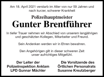 Traueranzeige von Gunter Brentführer von Pasewalker Zeitung