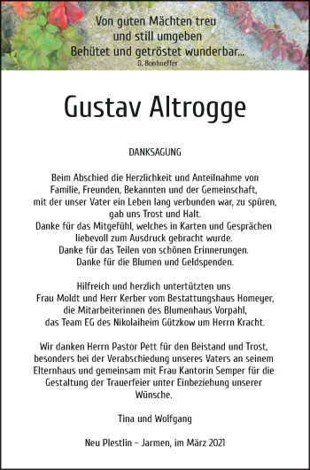 Traueranzeige von Gustav Altrogge von Vorpommern Kurier