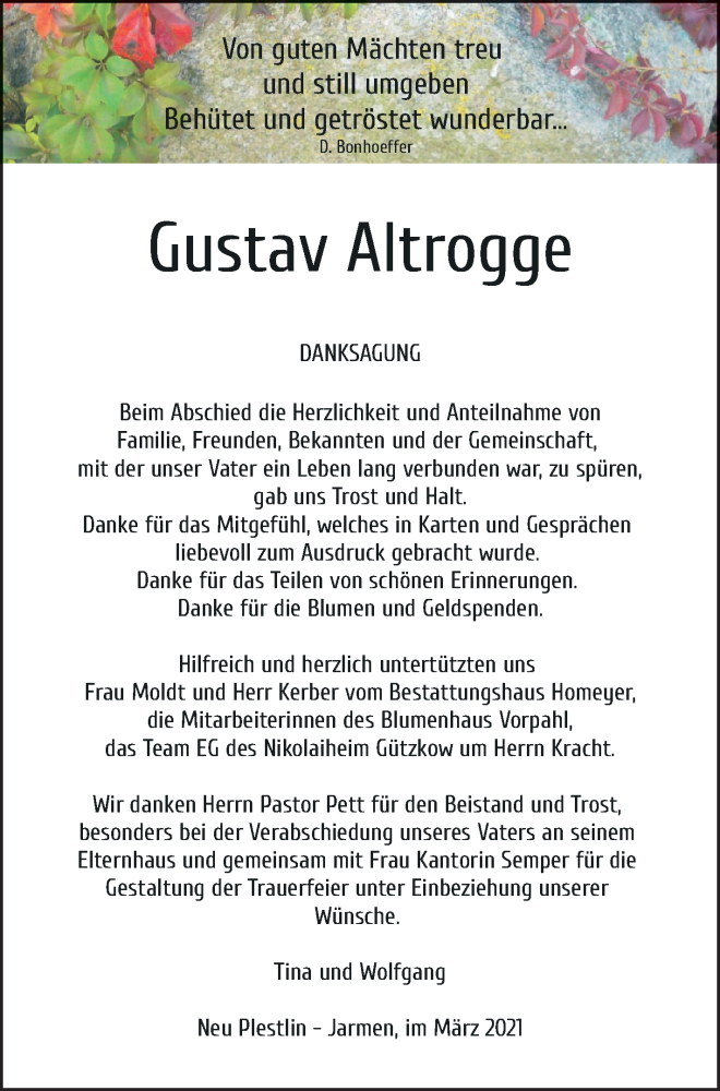  Traueranzeige für Gustav Altrogge vom 13.03.2021 aus Vorpommern Kurier