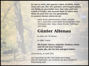 Traueranzeige von Günter Altenau von Templiner Zeitung