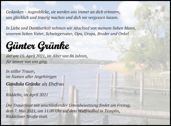 Traueranzeige von Günter Grünke von Templiner Zeitung