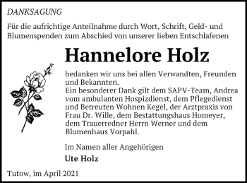 Traueranzeige von Hannelore Holz von Vorpommern Kurier