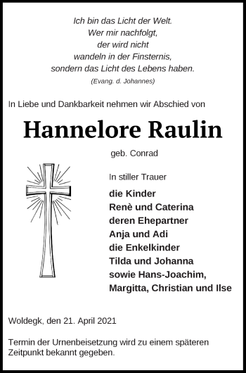 Traueranzeige von Hannelore Raulin von Strelitzer Zeitung