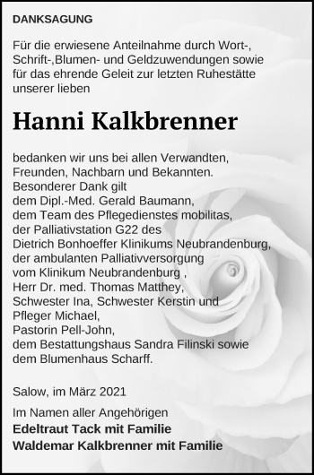 Traueranzeige von Hanni Kalkbrenner von Neubrandenburger Zeitung