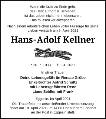 Traueranzeige von Hans-Adolf Kellner von Haff-Zeitung