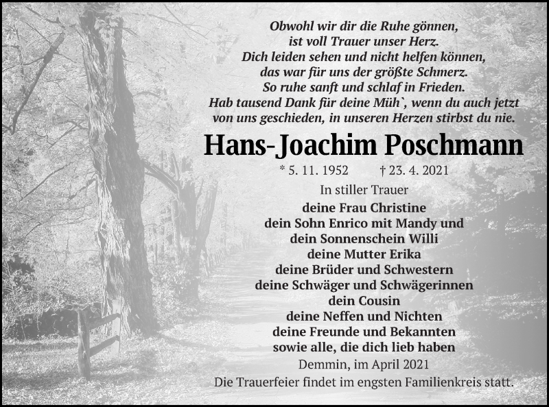  Traueranzeige für Hans-Joachim Poschmann vom 29.04.2021 aus Demminer Zeitung