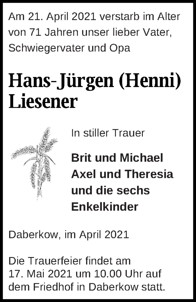  Traueranzeige für Hans-Jürgen  Liesener vom 24.04.2021 aus Vorpommern Kurier