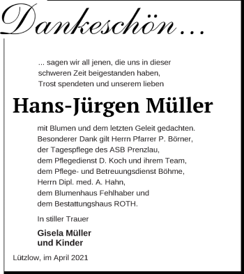 Traueranzeige von Hans-Jürgen Müller von Prenzlauer Zeitung