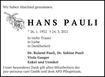 Traueranzeige von Hans Pauli von Neubrandenburger Zeitung