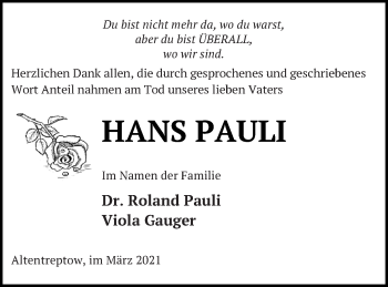 Traueranzeige von Hans Pauli von Neubrandenburger Zeitung