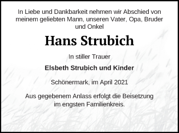 Traueranzeige von Hans Strubich von Prenzlauer Zeitung