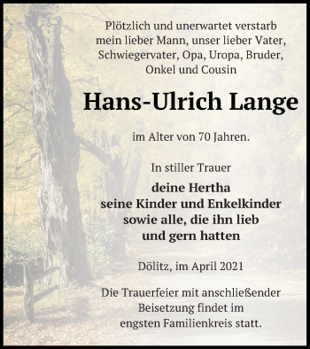 Traueranzeige von Hans-Ulrich Lange von Mecklenburger Schweiz