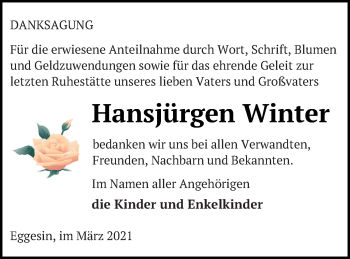 Traueranzeige von Hansjürgen Winter von Haff-Zeitung