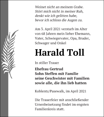 Traueranzeige von Harald Toll von Pasewalker Zeitung