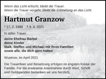 Traueranzeige von Hartmut Granzow von Strelitzer Zeitung